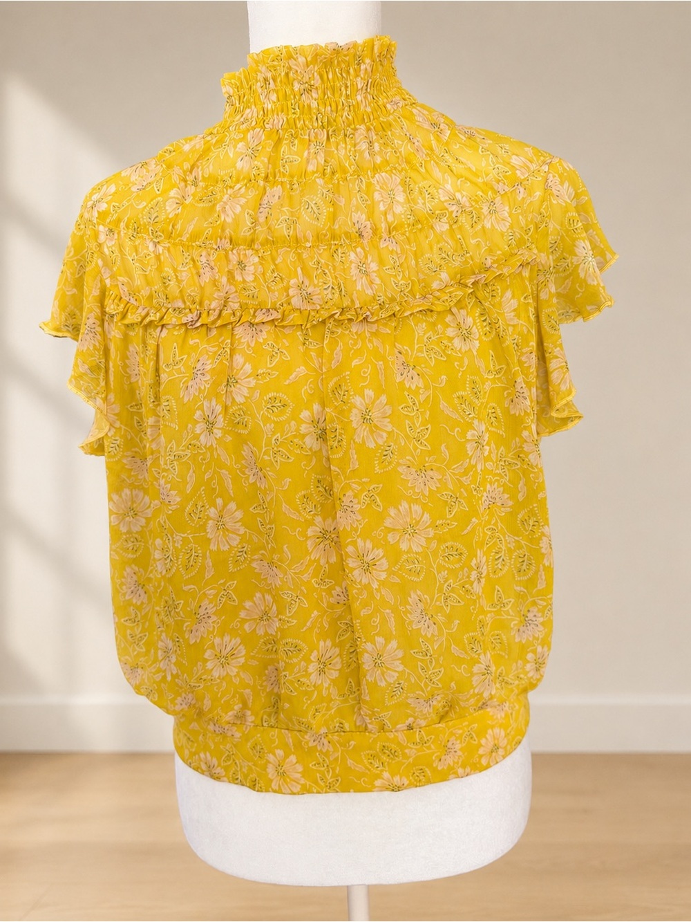 FATE Yellow Floral Ruffle High Neck Blouse Size Small Tie Back